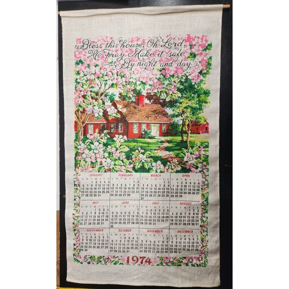 VTG 1974 Calendar Tapestry With Floral Cottage &‎ Bless This House O Lord Quote